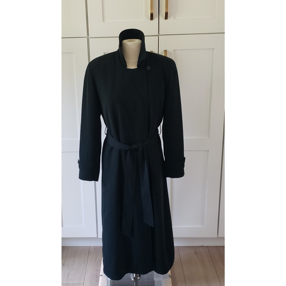 Anne Klein Trench Coat Womens 4P Petite Green Wool Blend Belted Career Overcoat - Picture 2 of 7